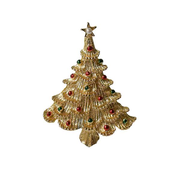 Vintage Gerry's Gold Plated Christmas Tree Brooch, Enamel & Faux Pearl - Picture 1 of 3